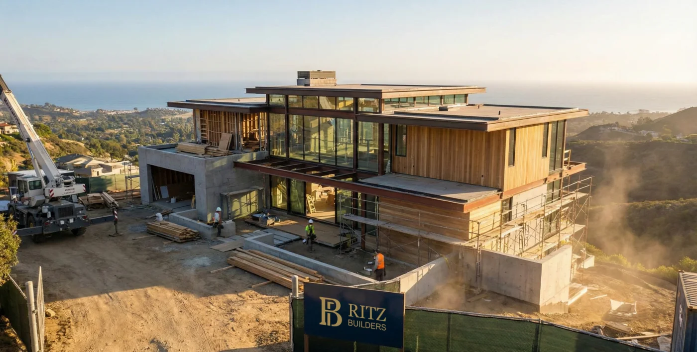 Multi-level luxury custom home under construction on a Bay Area hillside by the award-winning Ritz Builders team.