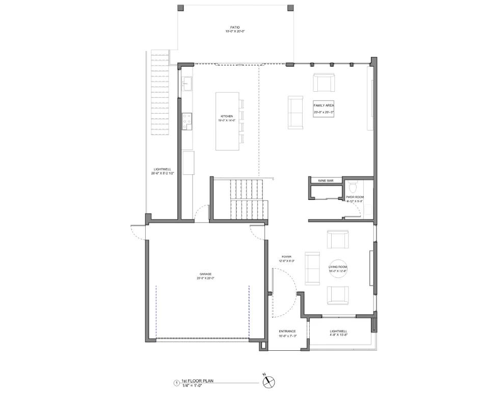 Detailed first floor architectural floor plan for a high-end Bay Area custom home.