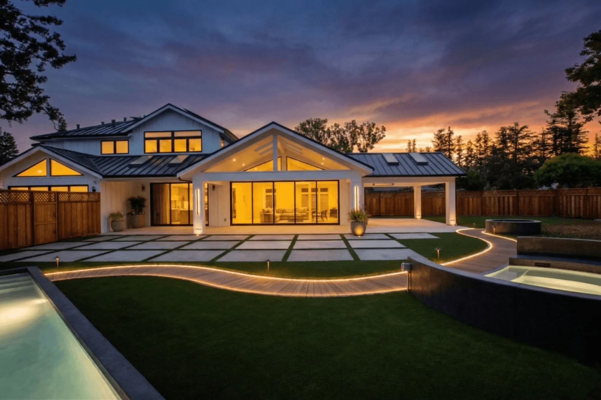 Newly completed Bay Area custom residence at twilight illustrating the maximum design freedom of a ground-up rebuild