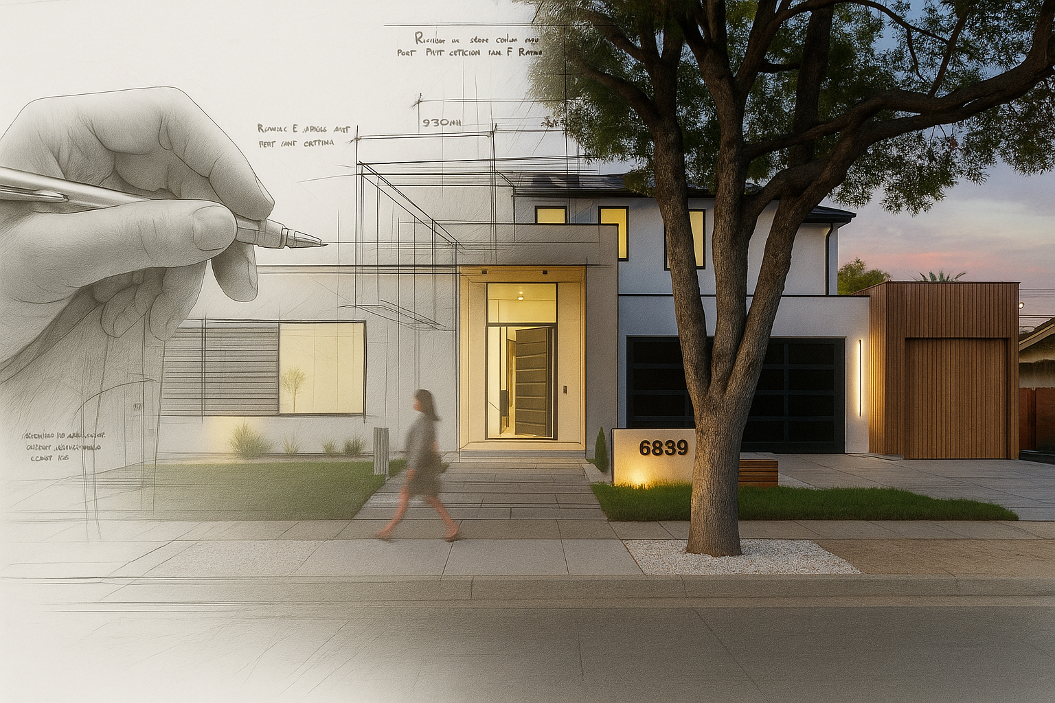 Architect-led design-build concept of a modern Cupertino home blending existing heritage trees with new construction by Ritz Builders.