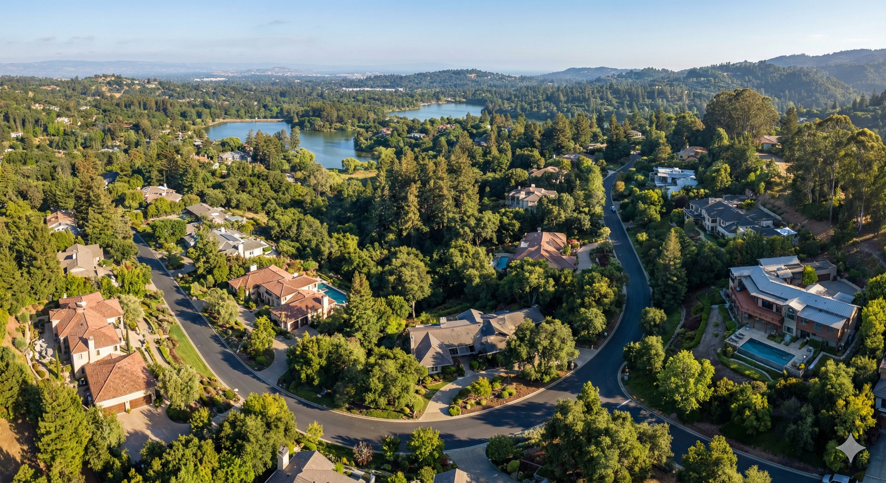 aerial view of winding roads and luxury properties in an affluent wooded community in Emerald Hills near San mateo county